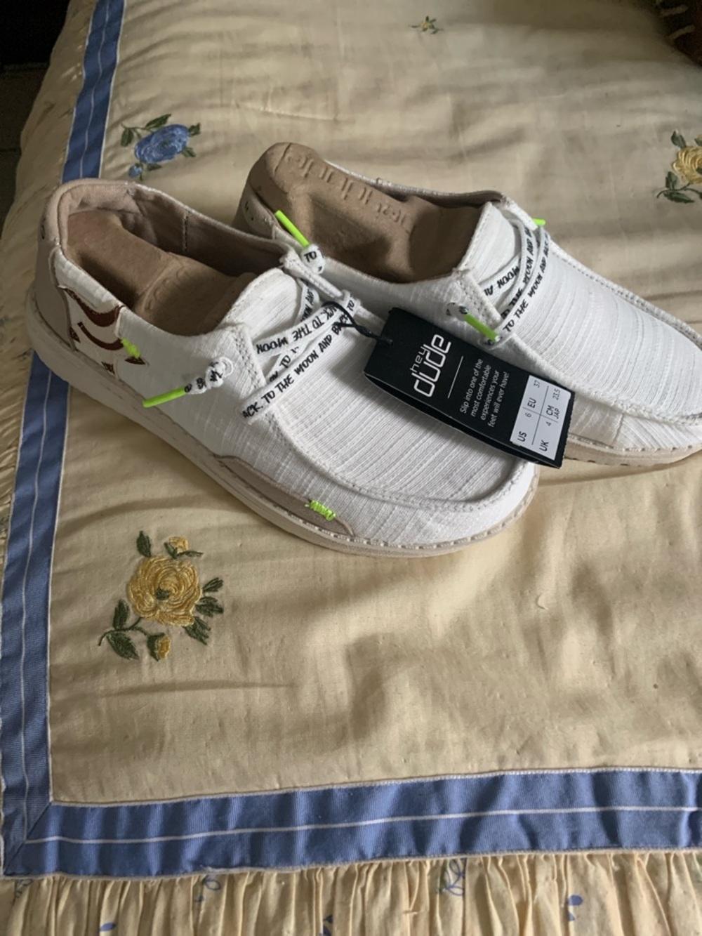Hey Dude White Slip-On Shoes with Neon Green Accents
